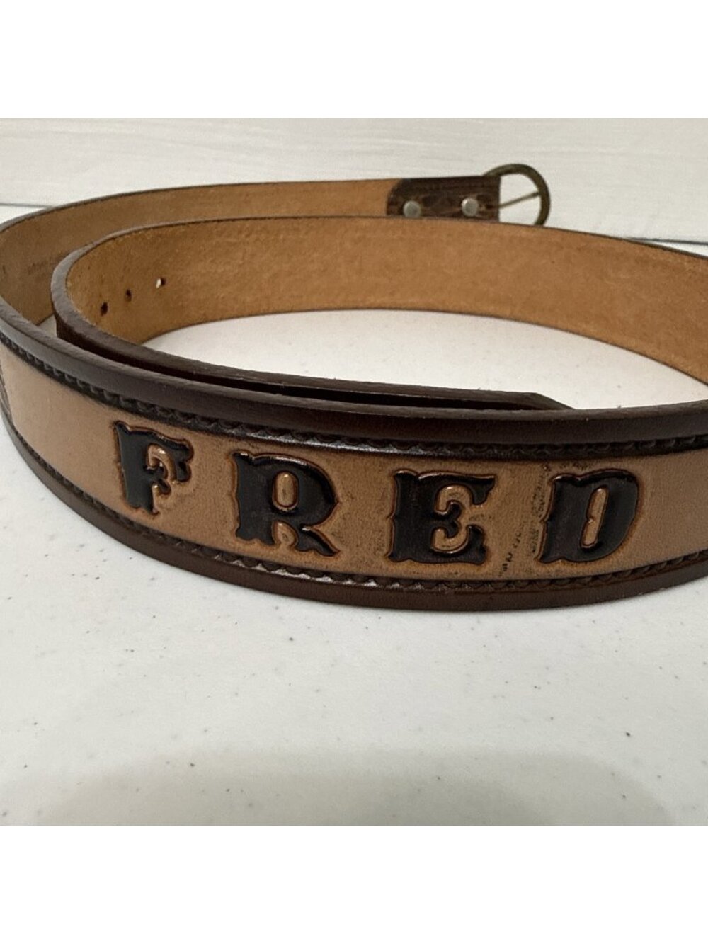 Tory Leather Company Custom Tooled Full Grain Cowhide Belt Size 42 Name FRED USA